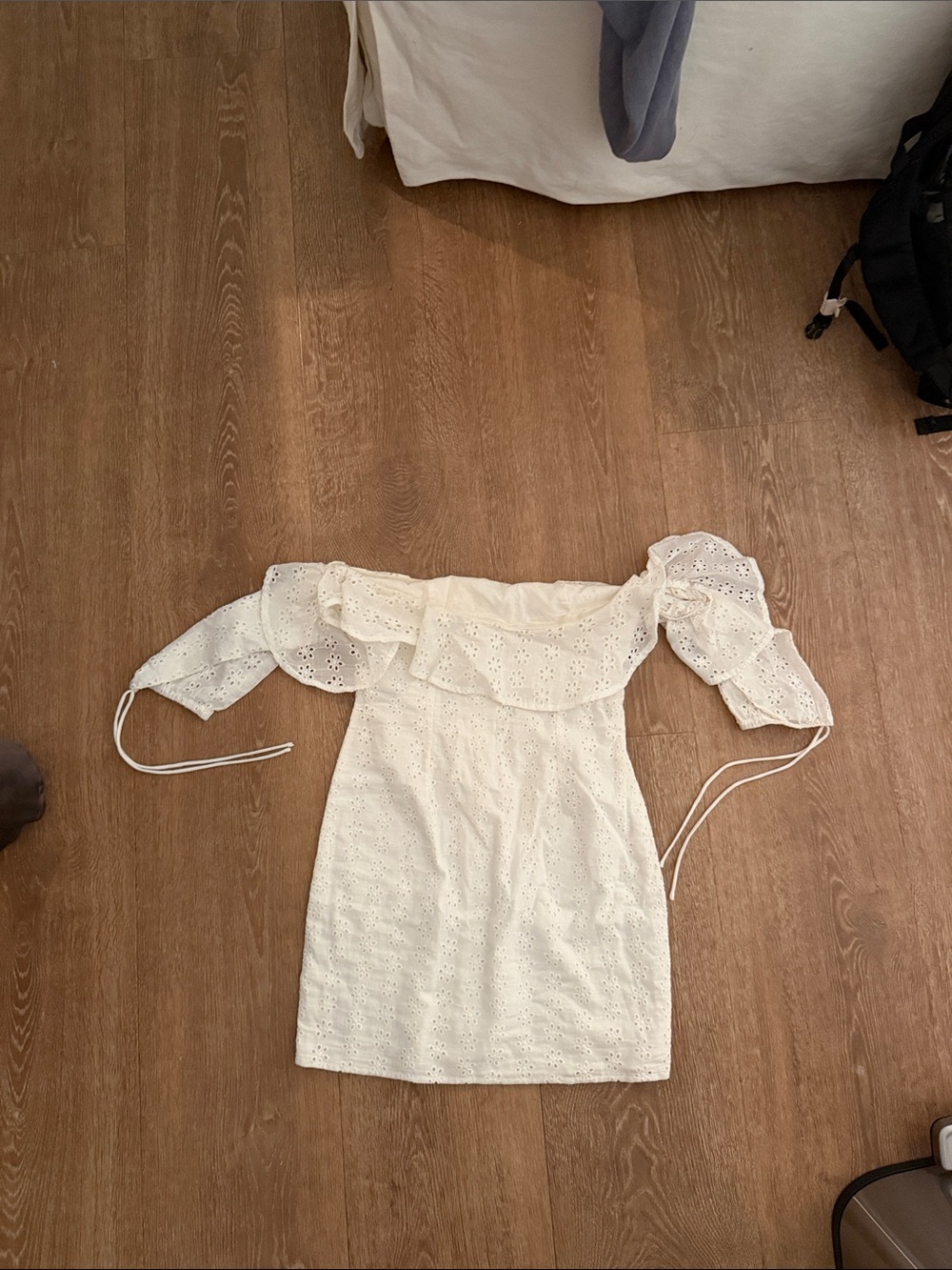 Revolve superdown Cream Eyelet Off-Shoulder Mini Dress